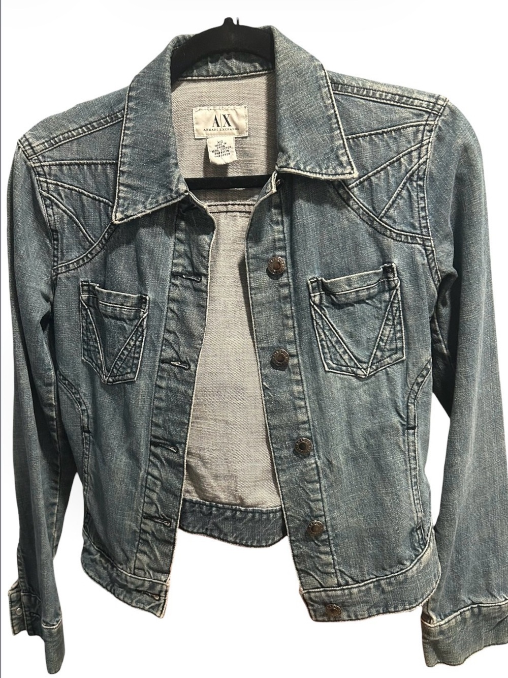 Vintage Armani Exchange Y2K Denim Jacket Medium Wash Geometric Stitching XS